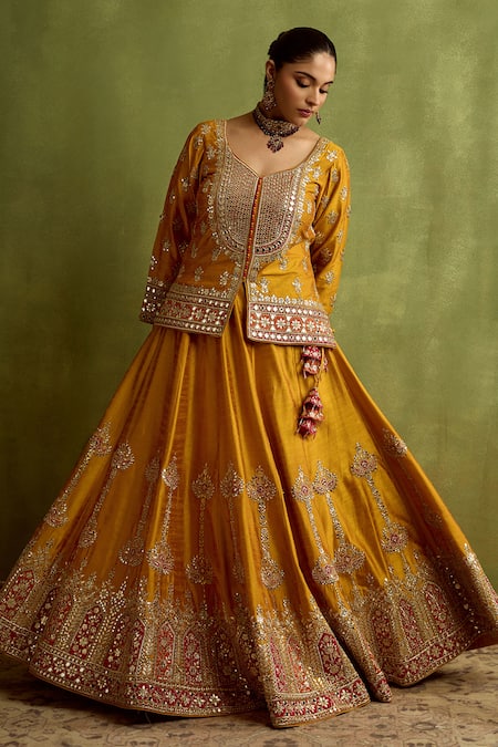 Buy_SUHINO_Mustard Silk, Organza Mirrors, Embroidery, Zari, Patchwork Kurta Lehenga Set _Online_at_Aza_Fashions