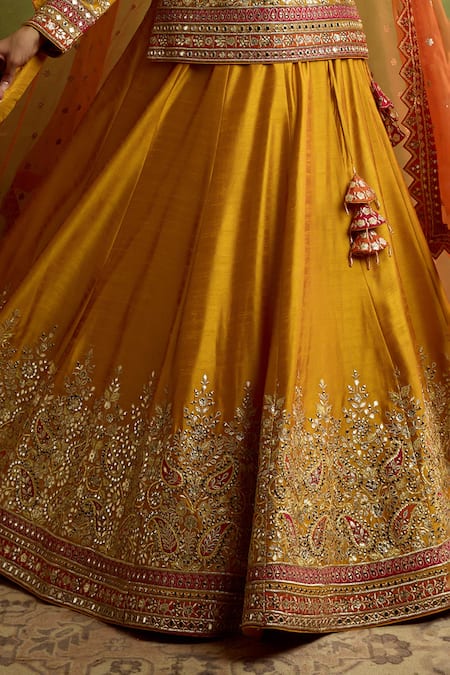 Buy_SUHINO_Yellow Silk, Organza Mirrors, Embroidery, Patchwork, Tassels, Kurta Lehenga Set _Online_at_Aza_Fashions