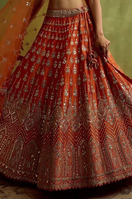 Buy_SUHINO_Orange Silk, Net Mirrors, Embroidery, Zari V-neck Rust Lehenga Set _Online_at_Aza_Fashions