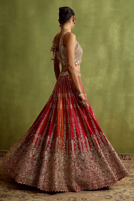 Buy_SUHINO_Gold Silk, Organza Mirrors, Zari, Embroidery V-neck Lehenga Set _Online_at_Aza_Fashions