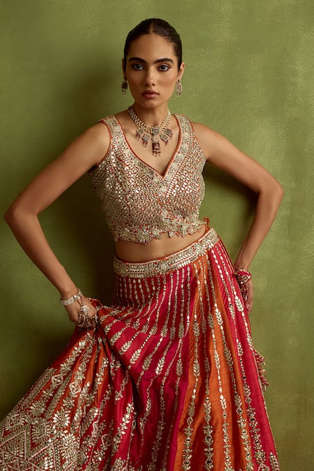 Shop_SUHINO_Gold Silk, Organza Mirrors, Zari, Embroidery V-neck Lehenga Set _Online_at_Aza_Fashions