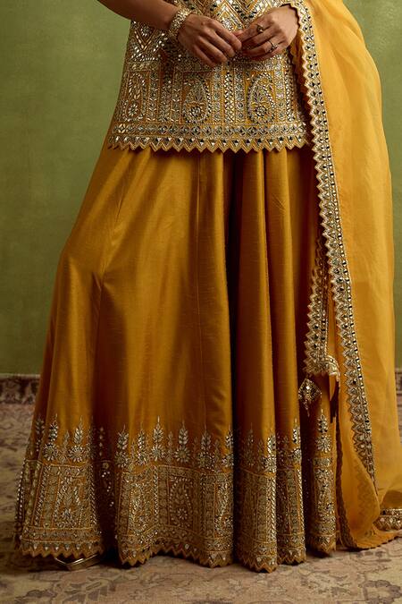 SUHINO_Yellow Silk, Organza Mirrors, Zari, Embroidery Square Neck Kurta Sharara Set _Online_at_Aza_Fashions