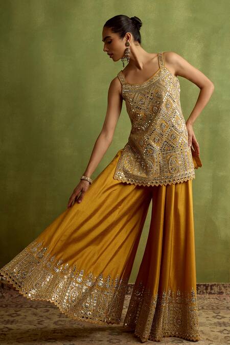 Buy_SUHINO_Yellow Silk, Organza Mirrors, Zari, Embroidery Square Neck Kurta Sharara Set _Online_at_Aza_Fashions