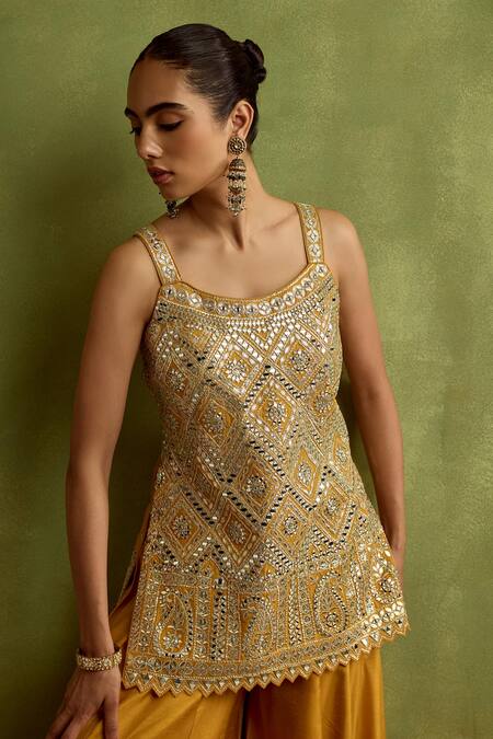 Shop_SUHINO_Yellow Silk, Organza Mirrors, Zari, Embroidery Square Neck Kurta Sharara Set _Online_at_Aza_Fashions