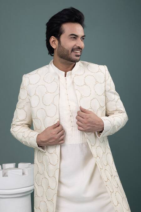 Priyanka Haralalka_Ivory Silk Embroidery, Sequins, Stones Sherwani, Kurta And Pyjama Set _Online_at_Aza_Fashions
