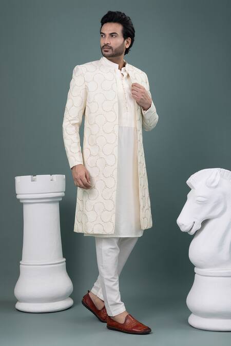 Buy_Priyanka Haralalka_Ivory Silk Embroidery, Sequins, Stones Sherwani, Kurta And Pyjama Set _Online_at_Aza_Fashions