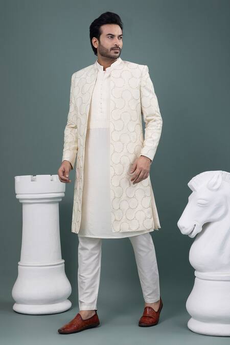 Shop_Priyanka Haralalka_Ivory Silk Embroidery, Sequins, Stones Sherwani, Kurta And Pyjama Set _Online_at_Aza_Fashions