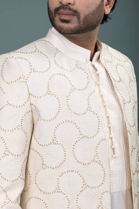 Buy_Priyanka Haralalka_Ivory Silk Embroidery, Sequins, Stones Sherwani, Kurta And Pyjama Set 