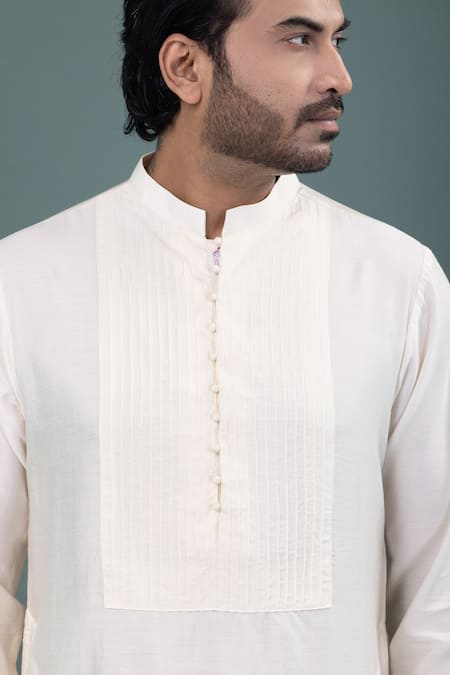 Priyanka Haralalka_Off White Silk, Cotton Pleated Yoke Kurta And Pyjama Set _Online_at_Aza_Fashions