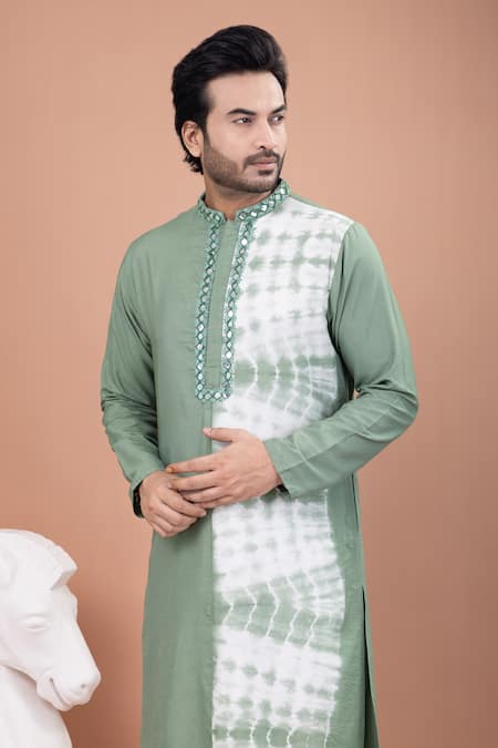 Shop_Priyanka Haralalka_Olive Green Cotton, Silk Mirrors Tie And Dye Work Kurta Pyjama Set _Online_at_Aza_Fashions