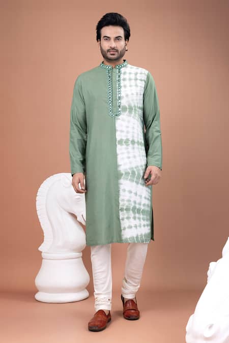 Priyanka Haralalka_Olive Green Cotton, Silk Mirrors Tie And Dye Work Kurta Pyjama Set _at_Aza_Fashions