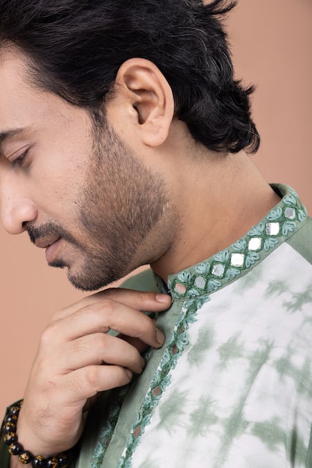Buy_Priyanka Haralalka_Olive Green Cotton, Silk Mirrors Tie And Dye Work Kurta Pyjama Set 