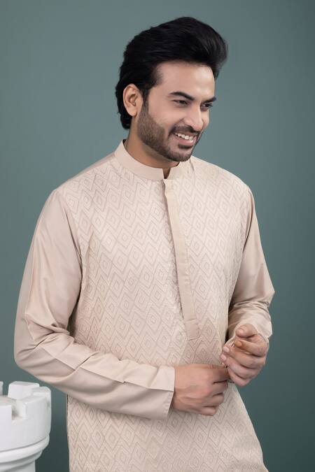 Shop_Priyanka Haralalka_Beige Cotton Applique, Embroidery Geometrical Kurta And Pyjama Set _Online_at_Aza_Fashions