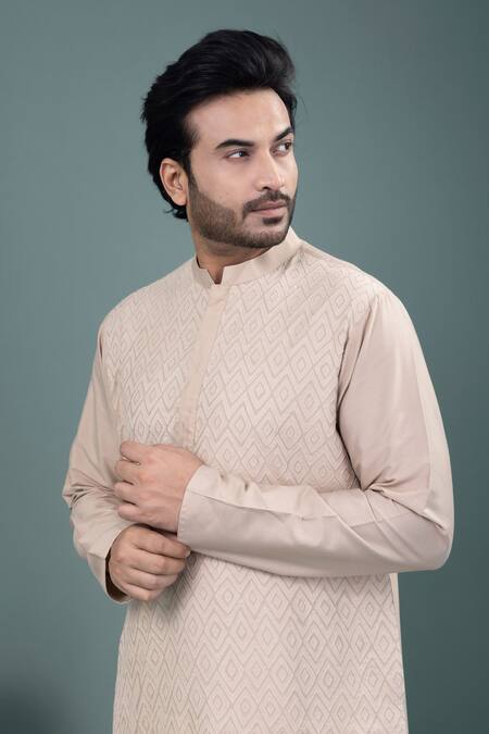 Priyanka Haralalka_Beige Cotton Applique, Embroidery Geometrical Kurta And Pyjama Set _at_Aza_Fashions