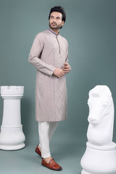 Buy_Priyanka Haralalka_Gray Cotton Embroidery Stitch Detailed Kurta And Pyjama Set _Online_at_Aza_Fashions