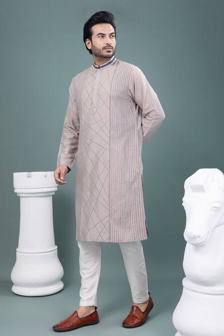 Shop_Priyanka Haralalka_Gray Cotton Embroidery Stitch Detailed Kurta And Pyjama Set _Online_at_Aza_Fashions