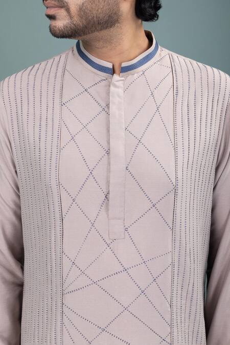 Priyanka Haralalka_Gray Cotton Embroidery Stitch Detailed Kurta And Pyjama Set _at_Aza_Fashions