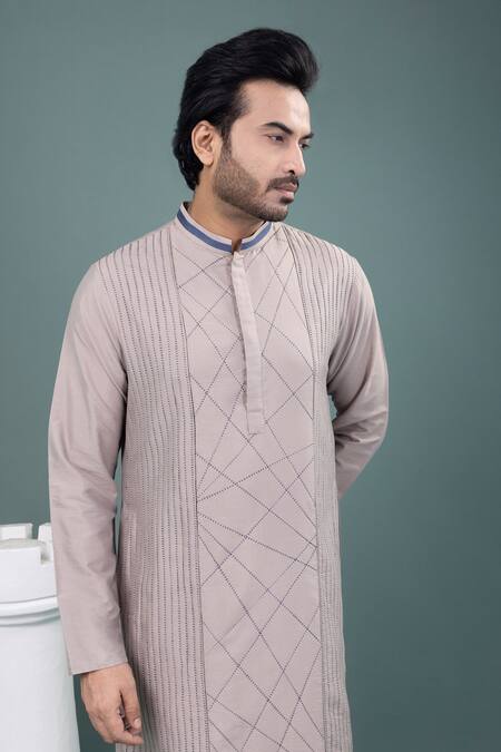 Buy_Priyanka Haralalka_Gray Cotton Embroidery Stitch Detailed Kurta And Pyjama Set 