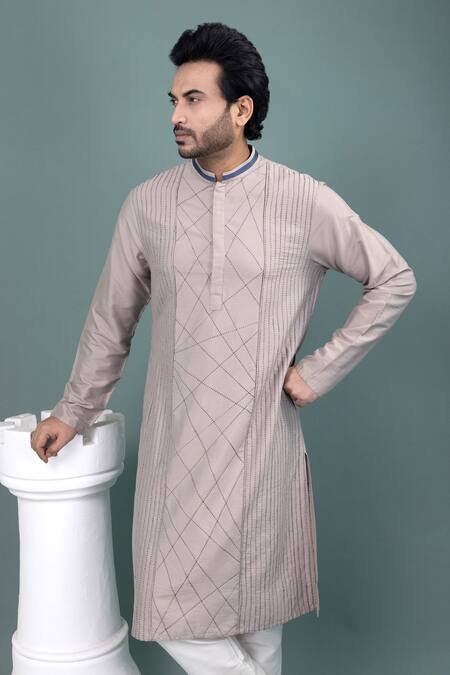 Shop_Priyanka Haralalka_Gray Cotton Embroidery Stitch Detailed Kurta And Pyjama Set 