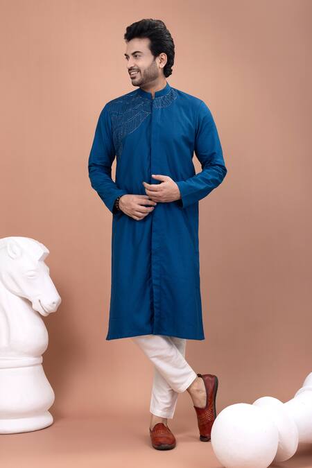 Buy_Priyanka Haralalka_Blue Cotton Embroidery, Beads Cutdana Hand Kurta And Pyjama Set _Online_at_Aza_Fashions