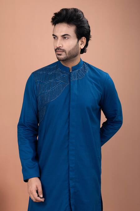 Shop_Priyanka Haralalka_Blue Cotton Embroidery, Beads Cutdana Hand Kurta And Pyjama Set _Online_at_Aza_Fashions