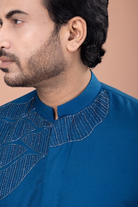 Shop_Priyanka Haralalka_Blue Cotton Embroidery, Beads Cutdana Hand Kurta And Pyjama Set 