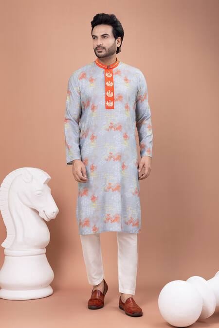 Buy_Priyanka Haralalka_Gray Cotton Embroidery Geometrical Print Kurta And Pyjama Set _Online_at_Aza_Fashions