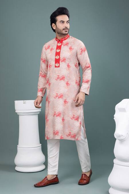 Shop_Priyanka Haralalka_Beige Cotton Embroidery Geometrical Print Kurta And Pyjama Set _Online_at_Aza_Fashions