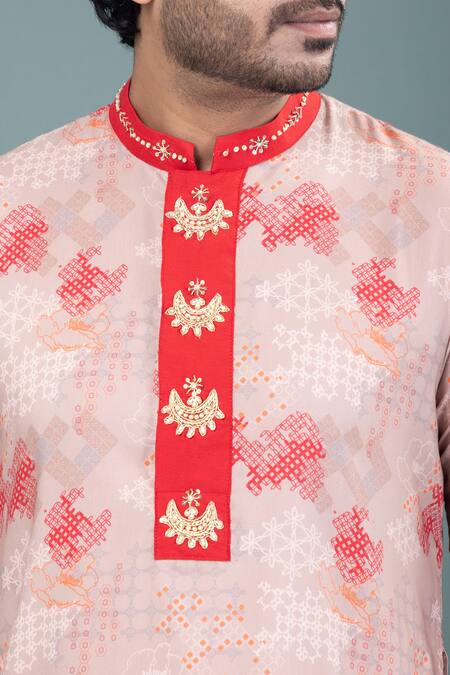 Priyanka Haralalka_Beige Cotton Embroidery Geometrical Print Kurta And Pyjama Set _at_Aza_Fashions