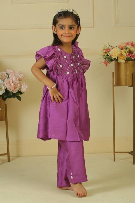 Pankhuri By Priyanka_Purple Chanderi Embroidery Floral Kurta And Palazzo Set _Online_at_Aza_Fashions