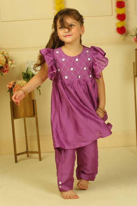Buy_Pankhuri By Priyanka_Purple Chanderi Embroidery Floral Kurta And Palazzo Set 