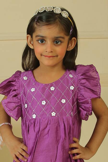 Shop_Pankhuri By Priyanka_Purple Chanderi Embroidery Floral Kurta And Palazzo Set 