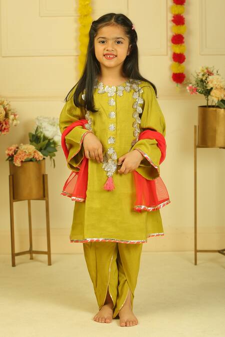 Shop_Pankhuri By Priyanka_Yellow Chanderi Embroidery, Tassels Leaf Kurta Tulip Pant Set _Online_at_Aza_Fashions