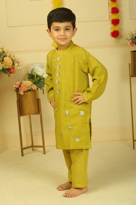 Buy_Pankhuri By Priyanka_Yellow Chanderi Embroidery Motif Kurta Set _Online_at_Aza_Fashions