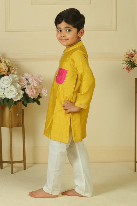 Shop_Pankhuri By Priyanka_Mustard Chanderi Contrast Patch Pocket Kurta Set _Online_at_Aza_Fashions