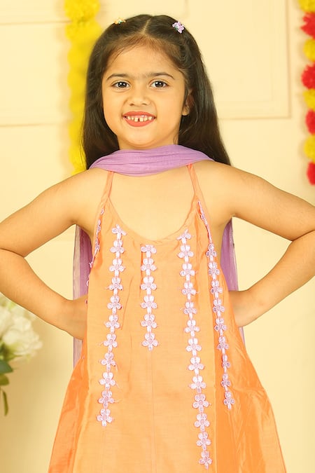 Shop_Pankhuri By Priyanka_Orange Chanderi Lace, Tassels Detailed Halter Kurta Set _Online_at_Aza_Fashions