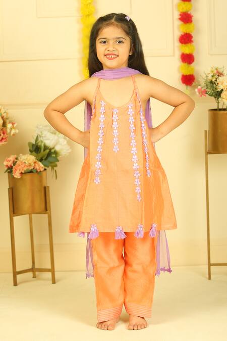 Buy_Pankhuri By Priyanka_Orange Chanderi Lace, Tassels Detailed Halter Kurta Set 