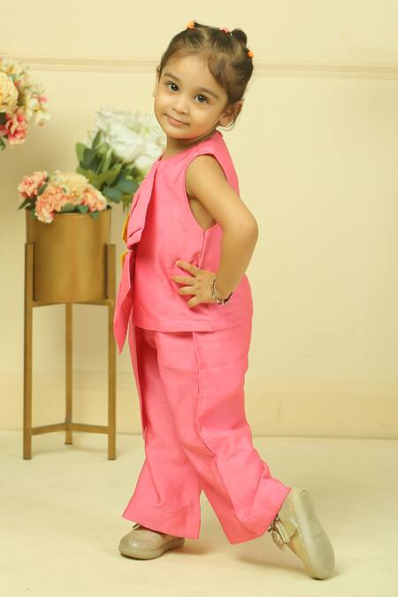Pankhuri By Priyanka_Pink Chanderi Bows Oversized Top And Pant Co-ord Set _Online_at_Aza_Fashions
