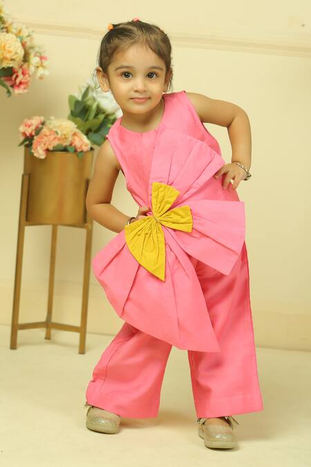 Shop_Pankhuri By Priyanka_Pink Chanderi Bows Oversized Top And Pant Co-ord Set _Online_at_Aza_Fashions