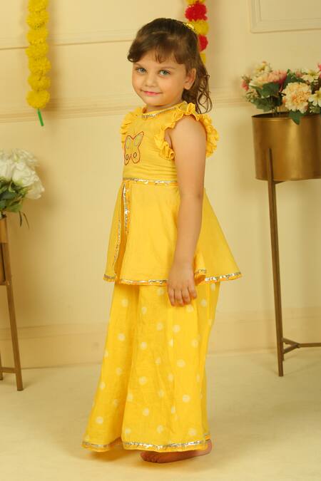 Pankhuri By Priyanka_Yellow Embroidery, Metallic Thread Polka Dot Peplum And Palazzo Set _Online_at_Aza_Fashions