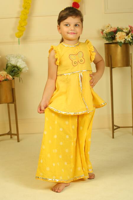 Pankhuri By Priyanka_Yellow Embroidery, Metallic Thread Polka Dot Peplum And Palazzo Set _at_Aza_Fashions