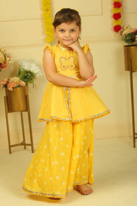 Buy_Pankhuri By Priyanka_Yellow Embroidery, Metallic Thread Polka Dot Peplum And Palazzo Set 