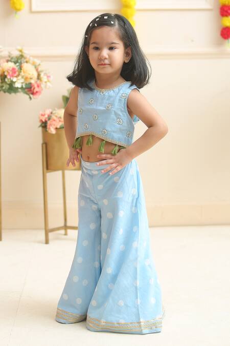 Pankhuri By Priyanka Blue Muslin Tassels, Embroidery Hand Block Print Blouse Palazzo Set Online at Aza Fashions Pankhuri By Priyanka_Blue Muslin Tassels, Embroidery Hand Block Print Blouse Palazzo Set _Online_at_Aza_Fashions