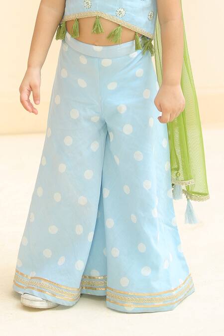 Pankhuri By Priyanka Blue Muslin Tassels, Embroidery Hand Block Print Blouse Palazzo Set at Aza Fashions Pankhuri By Priyanka_Blue Muslin Tassels, Embroidery Hand Block Print Blouse Palazzo Set _at_Aza_Fashions