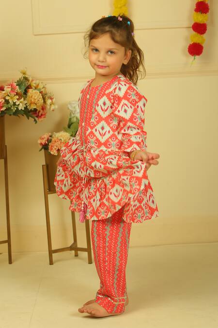 Shop_Pankhuri By Priyanka_Pink Cotton Tassels Printed Gheri Kurta And Pant Set _Online_at_Aza_Fashions