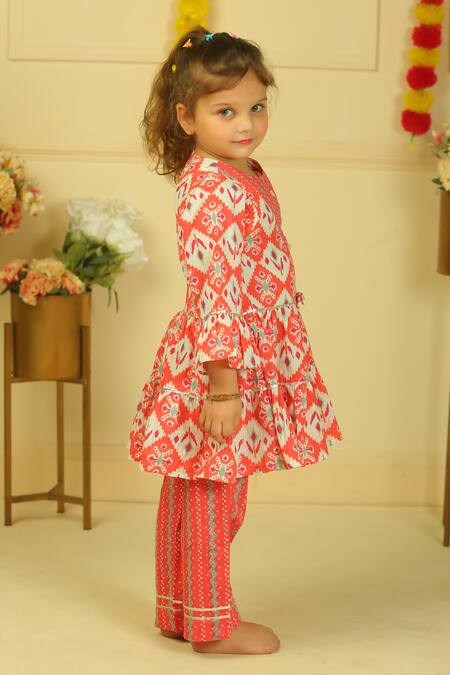 Pankhuri By Priyanka_Pink Cotton Tassels Printed Gheri Kurta And Pant Set _at_Aza_Fashions