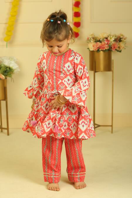 Buy_Pankhuri By Priyanka_Pink Cotton Tassels Printed Gheri Kurta And Pant Set 