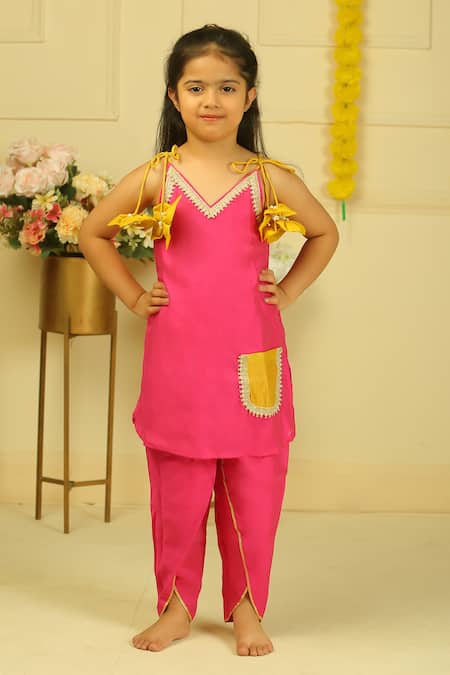 Shop_Pankhuri By Priyanka_Pink Chanderi Lace, Bows Halter Kurta And Tulip Pant Set _Online_at_Aza_Fashions