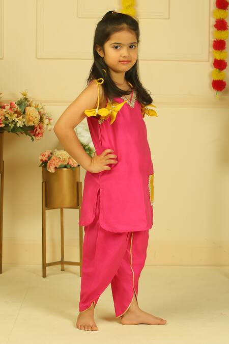 Pankhuri By Priyanka_Pink Chanderi Lace, Bows Halter Kurta And Tulip Pant Set _at_Aza_Fashions