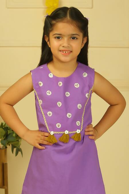 Pankhuri By Priyanka_Purple Embroidery, Tassels Handblock Polka Print Kurta And Palazzo Set _Online_at_Aza_Fashions